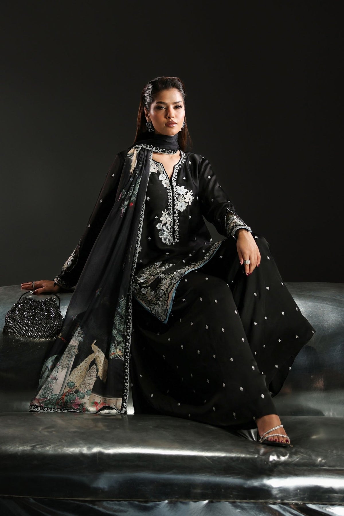 Maria B | RTW | 3 Piece Embroidered Charmeuse Suit-Brand:Maria B-Type:Luxury Formals-Black - House of Maryam- Buy in UK, USA