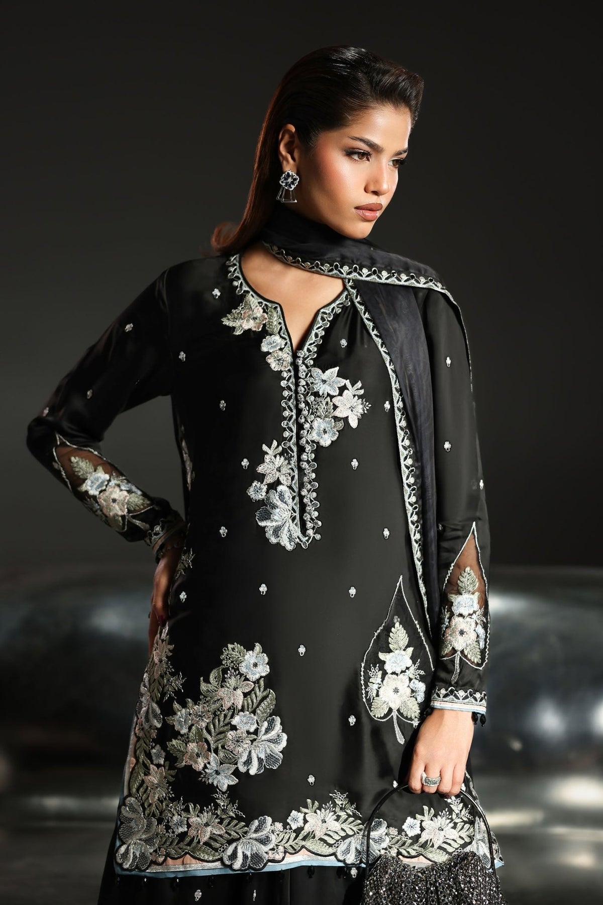 Maria B | RTW | 3 Piece Embroidered Charmeuse Suit-Brand:Maria B-Type:Luxury Formals-Black - House of Maryam- Buy in UK, USA