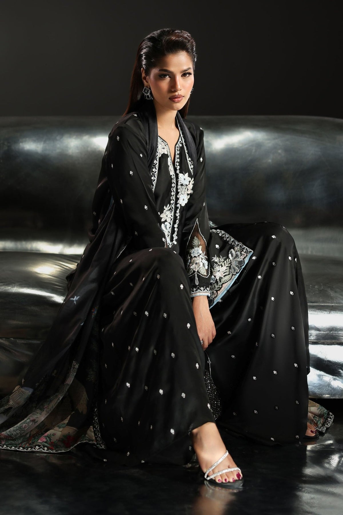 Maria B | RTW | 3 Piece Embroidered Charmeuse Suit-Brand:Maria B-Type:Luxury Formals-Black - House of Maryam- Buy in UK, USA