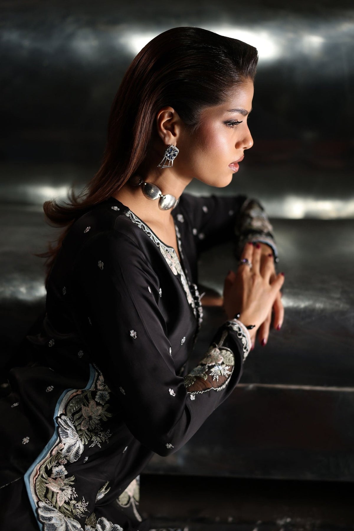 Maria B | RTW | 3 Piece Embroidered Charmeuse Suit-Brand:Maria B-Type:Luxury Formals-Black - House of Maryam- Buy in UK, USA