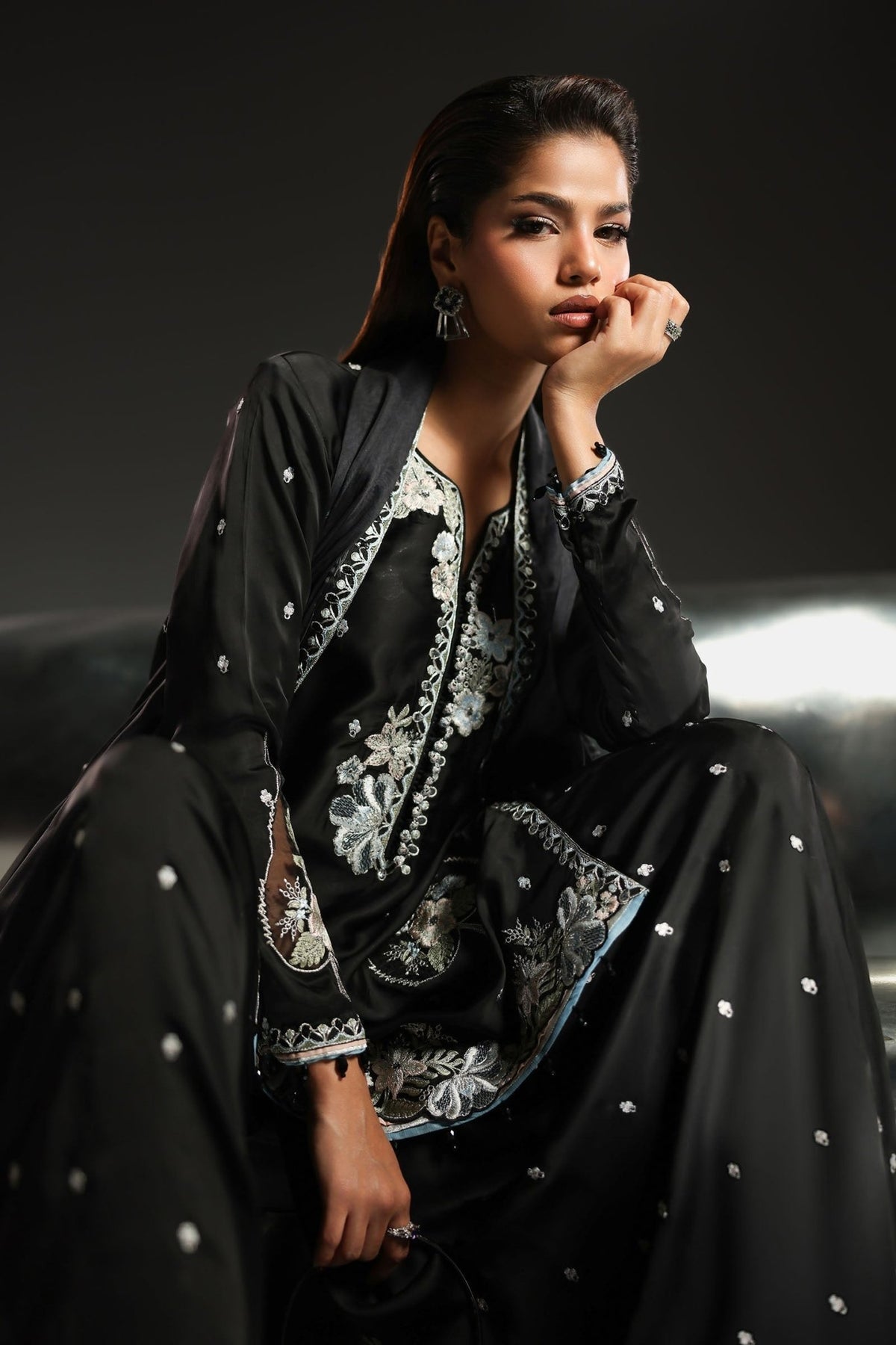 Maria B | RTW | 3 Piece Embroidered Charmeuse Suit-Brand:Maria B-Type:Luxury Formals-Black - House of Maryam- Buy in UK, USA
