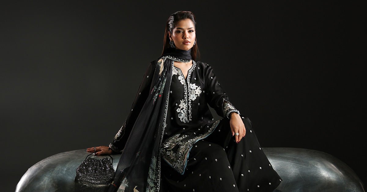 Maria B | RTW | 3 Piece Embroidered Charmeuse Suit-Brand:Maria B-Type:Luxury Formals-Black - House of Maryam- Buy in UK, USA
