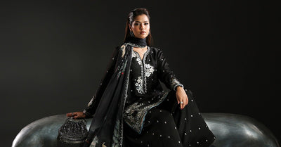 Maria B | RTW | 3 Piece Embroidered Charmeuse Suit-Brand:Maria B-Type:Luxury Formals-Black - House of Maryam- Buy in UK, USA