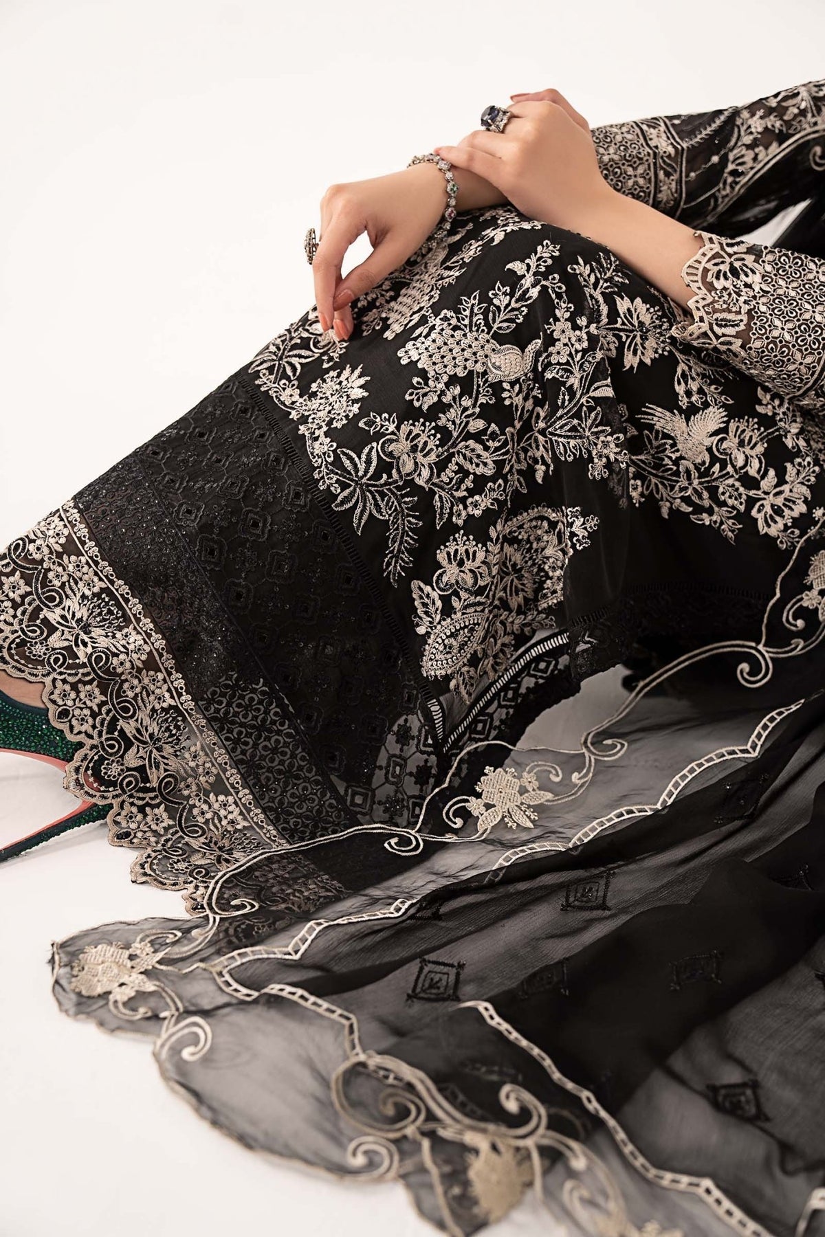 Maria B | RTW | 3 Piece Embroidered Chiffon Suit-Brand:Maria B-Type:Luxury Formals-Black - House of Maryam- Buy in UK, USA