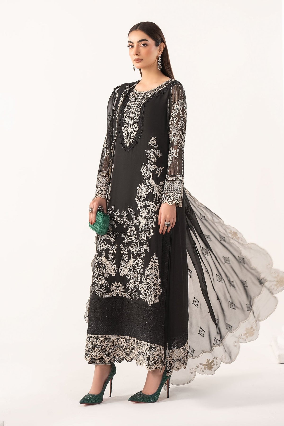Maria B | RTW | 3 Piece Embroidered Chiffon Suit-Brand:Maria B-Type:Luxury Formals-Black - House of Maryam- Buy in UK, USA