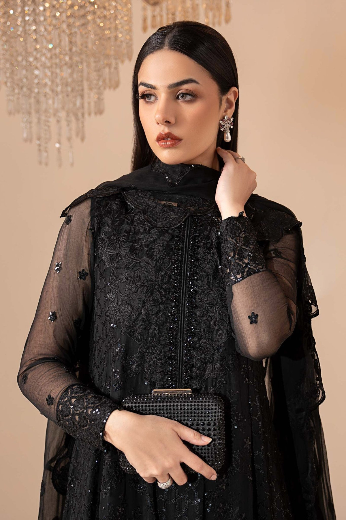 Maria B | RTW | 3 Piece Embroidered Chiffon Suit-Brand:Maria B-Type:Luxury Formals-Black - House of Maryam- Buy in UK, USA