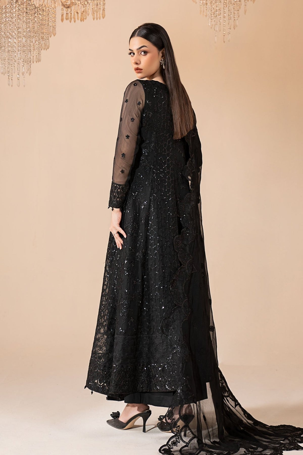 Maria B | RTW | 3 Piece Embroidered Chiffon Suit-Brand:Maria B-Type:Luxury Formals-Black - House of Maryam- Buy in UK, USA