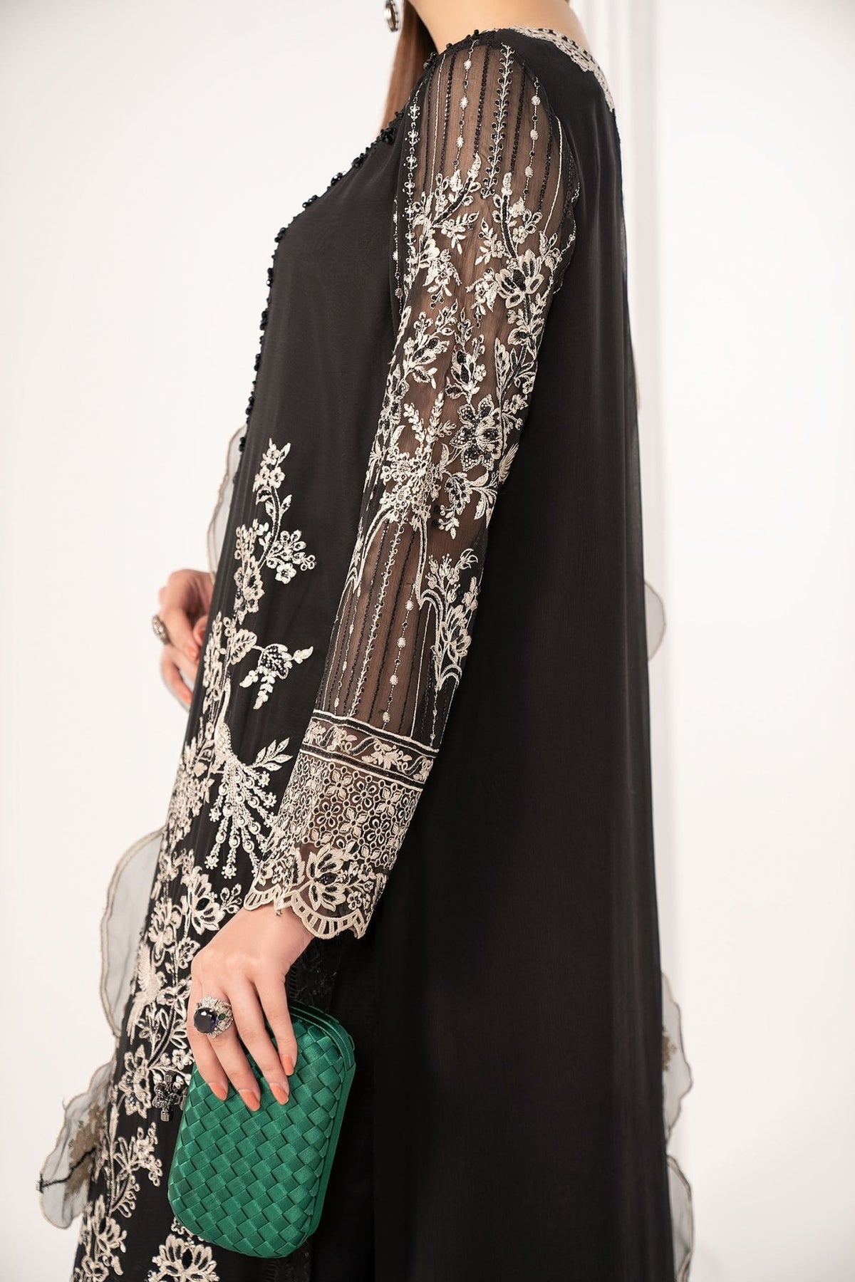 Maria B | RTW | 3 Piece Embroidered Chiffon Suit-Brand:Maria B-Type:Luxury Formals-Black - House of Maryam- Buy in UK, USA