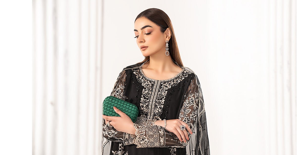 Maria B | RTW | 3 Piece Embroidered Chiffon Suit-Brand:Maria B-Type:Luxury Formals-Black - House of Maryam- Buy in UK, USA