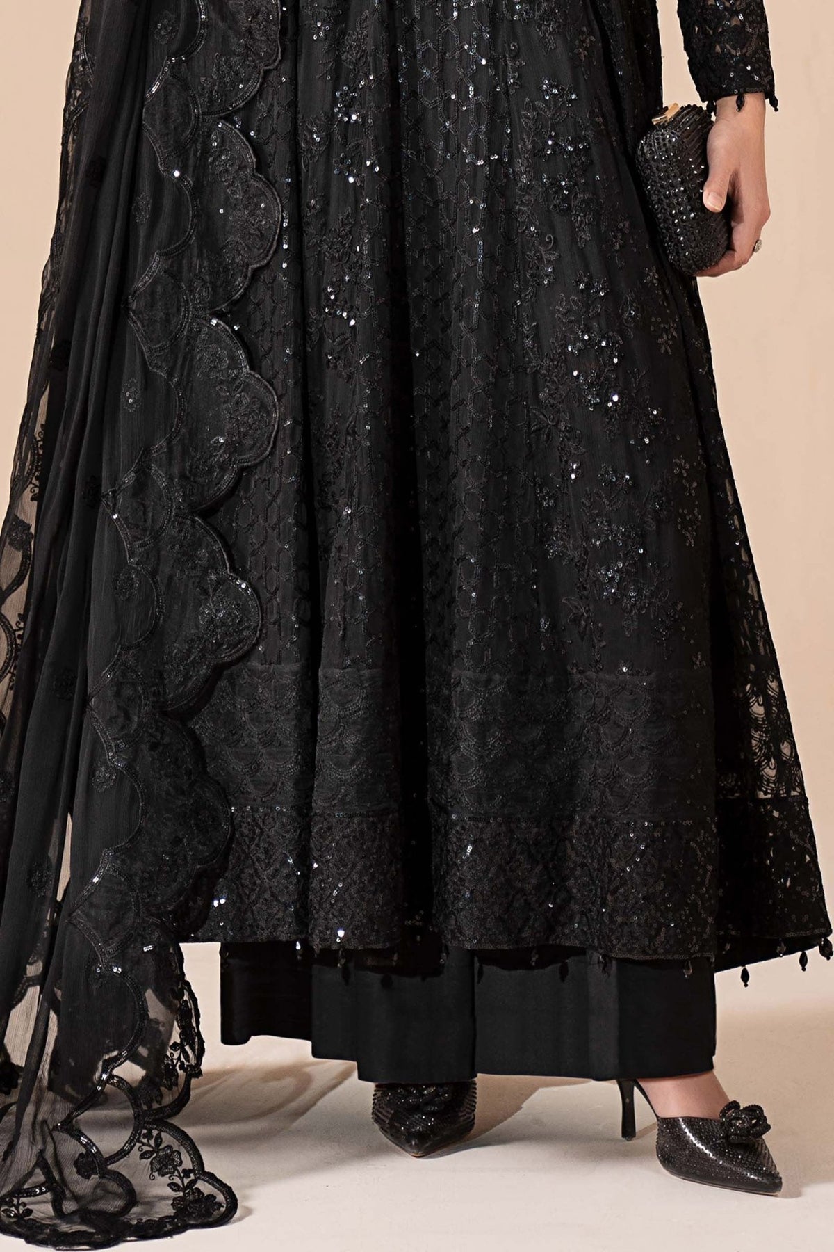 Maria B | RTW | 3 Piece Embroidered Chiffon Suit-Brand:Maria B-Type:Luxury Formals-Black - House of Maryam- Buy in UK, USA