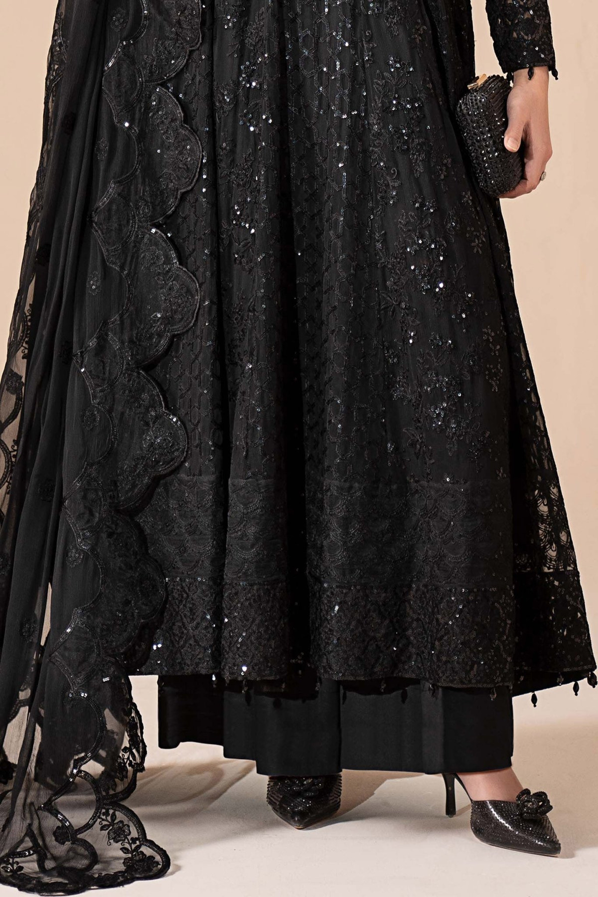 Maria B | RTW | 3 Piece Embroidered Chiffon Suit-Brand:Maria B-Type:Luxury Formals-Black - House of Maryam- Buy in UK, USA