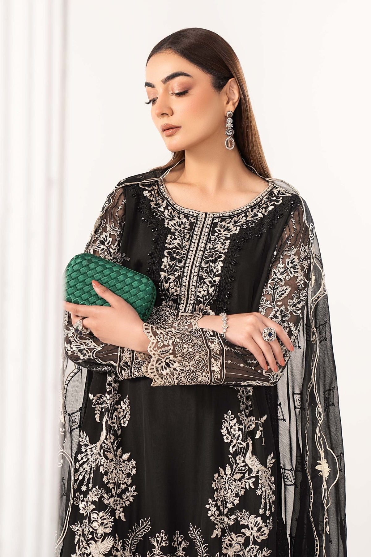 Maria B | RTW | 3 Piece Embroidered Chiffon Suit-Brand:Maria B-Type:Luxury Formals-Black - House of Maryam- Buy in UK, USA