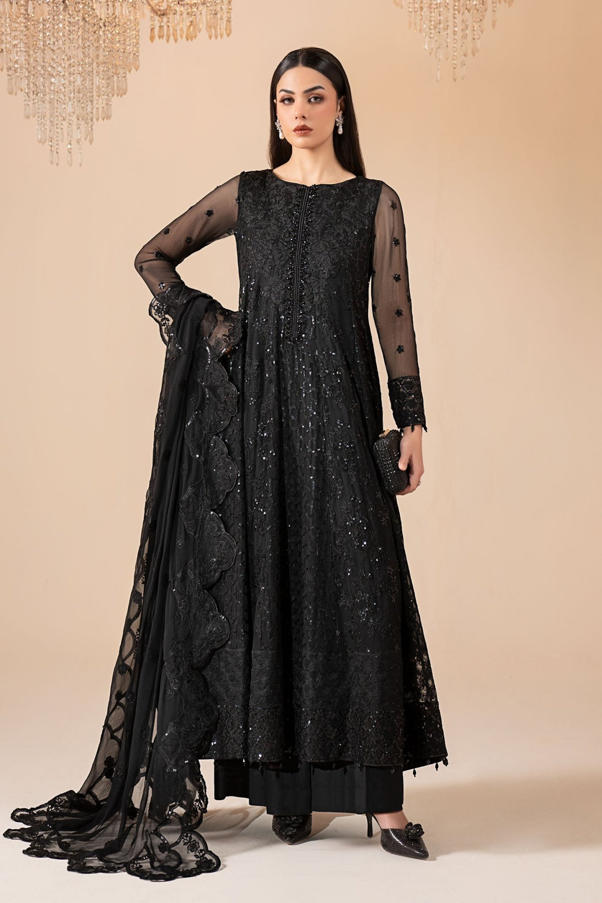 Maria B | RTW | 3 Piece Embroidered Chiffon Suit-Brand:Maria B-Type:Luxury Formals-Black - House of Maryam- Buy in UK, USA