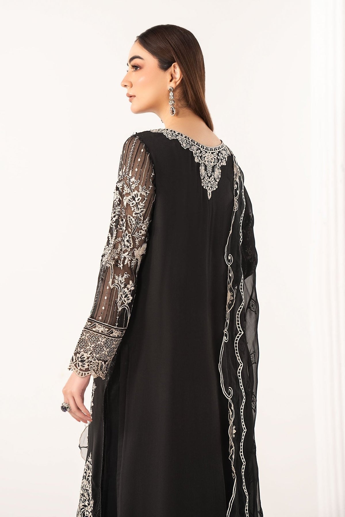 Maria B | RTW | 3 Piece Embroidered Chiffon Suit-Brand:Maria B-Type:Luxury Formals-Black - House of Maryam- Buy in UK, USA