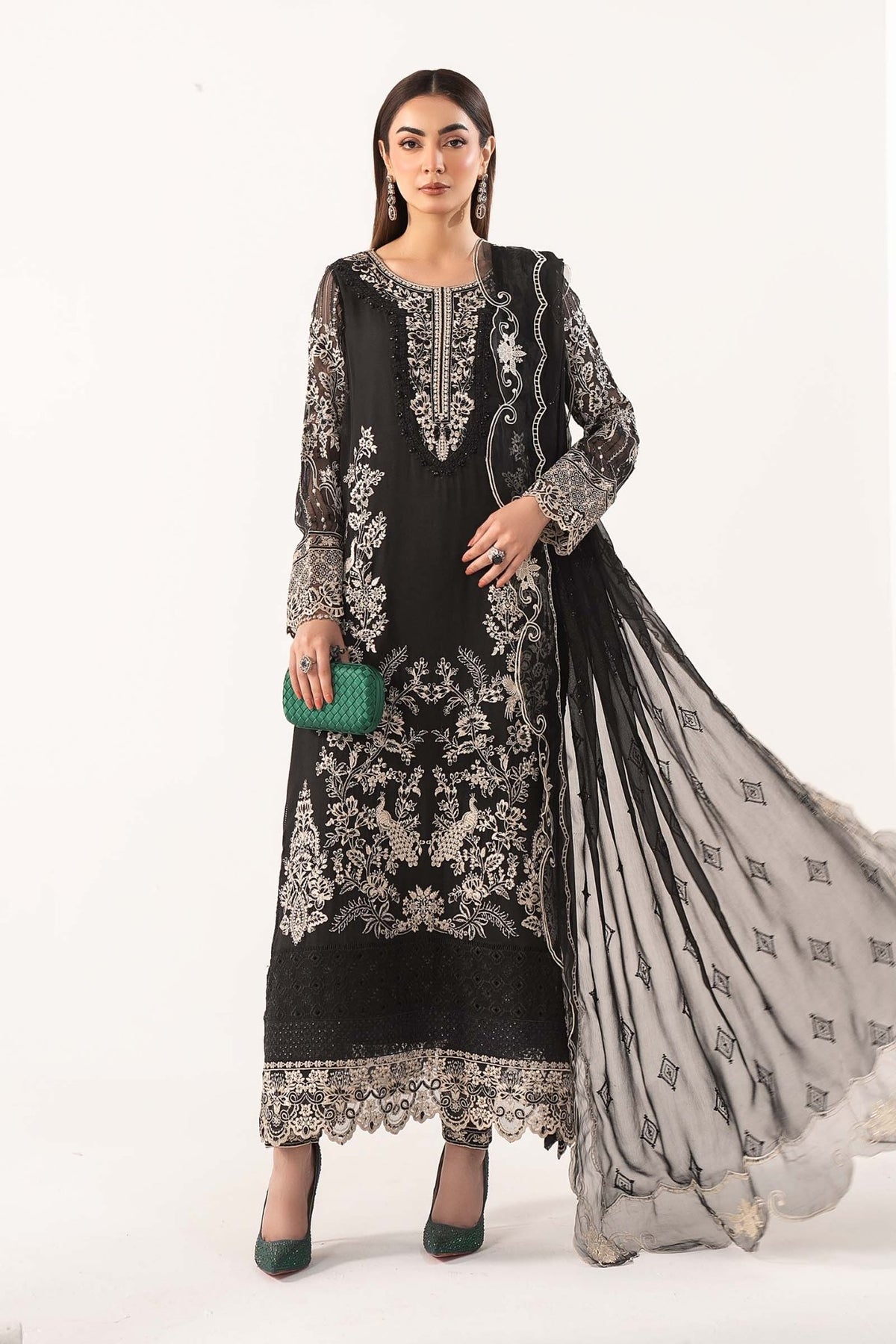 Maria B | RTW | 3 Piece Embroidered Chiffon Suit-Brand:Maria B-Type:Luxury Formals-Black - House of Maryam- Buy in UK, USA