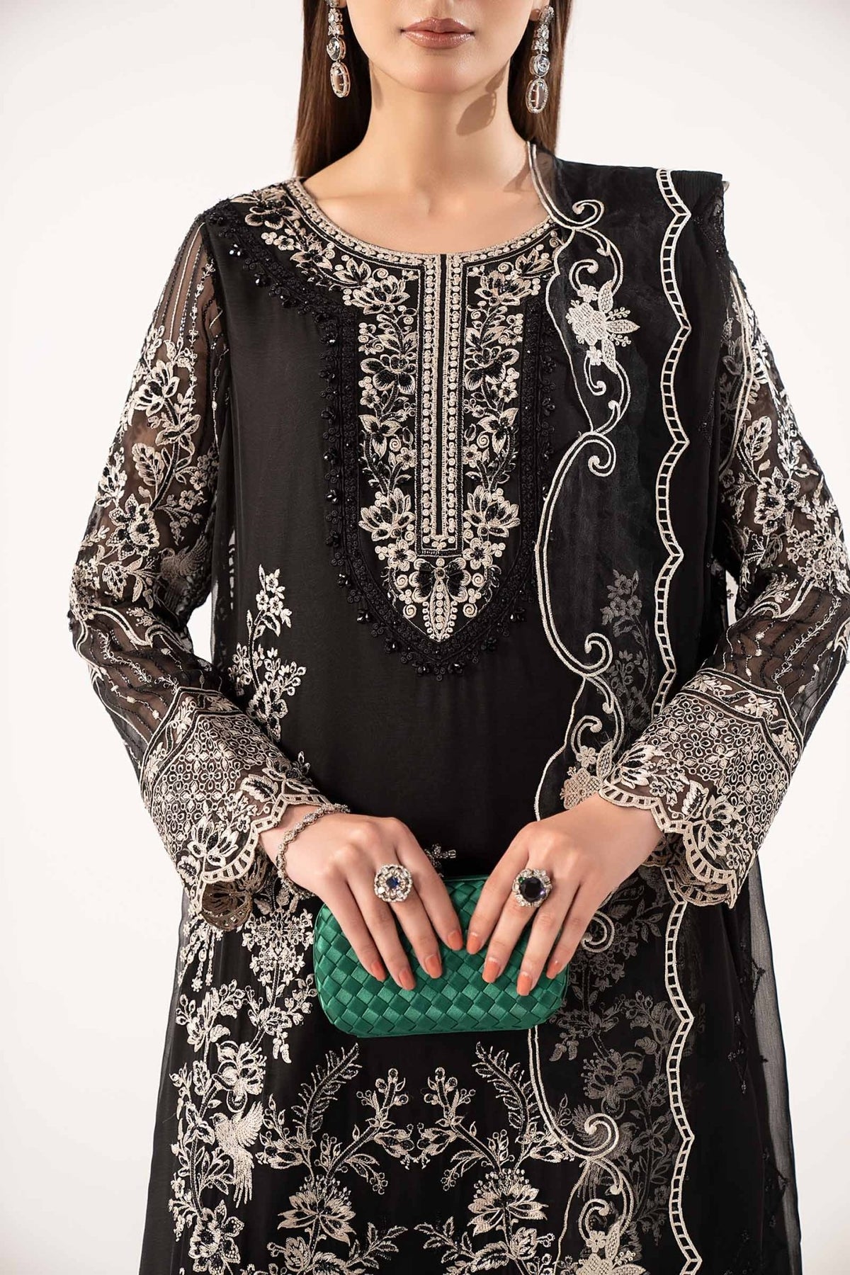 Maria B | RTW | 3 Piece Embroidered Chiffon Suit-Brand:Maria B-Type:Luxury Formals-Black - House of Maryam- Buy in UK, USA