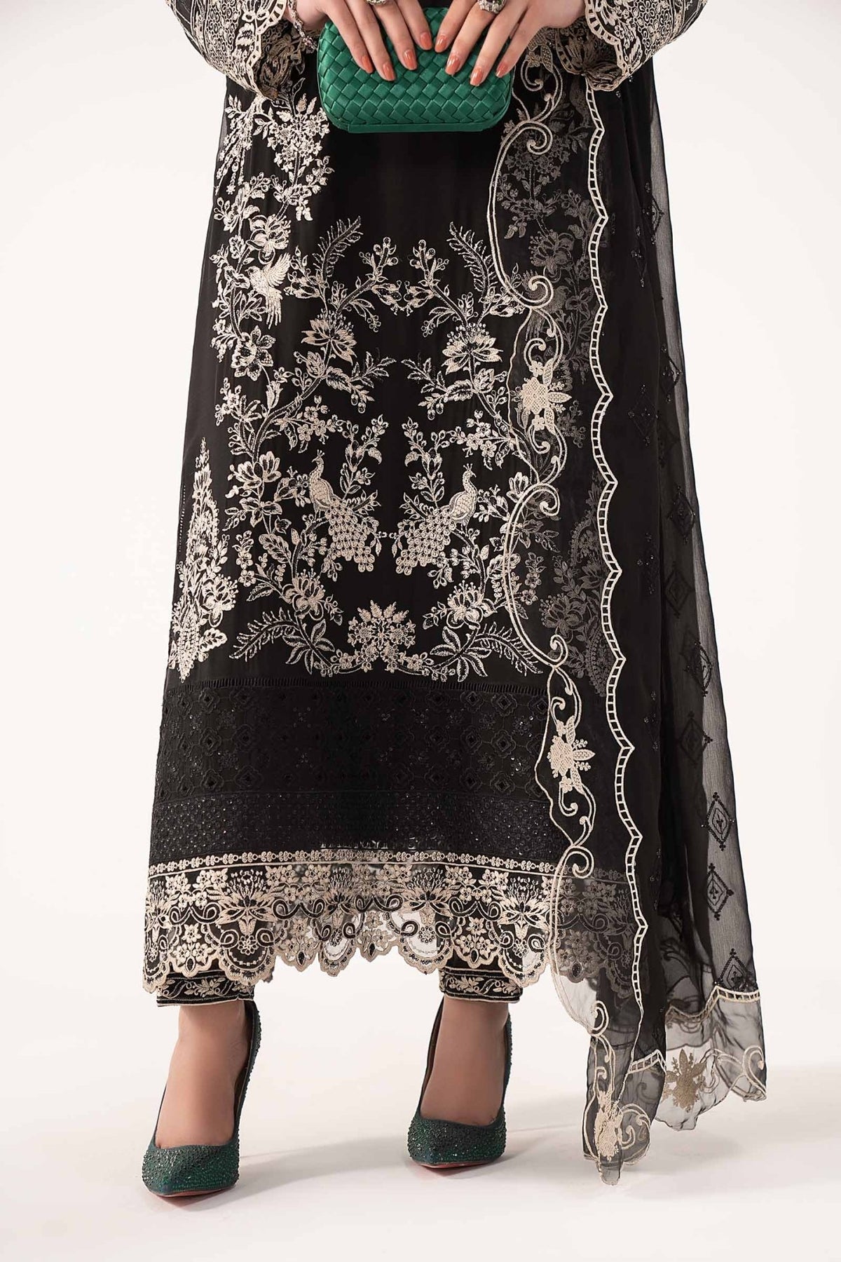 Maria B | RTW | 3 Piece Embroidered Chiffon Suit-Brand:Maria B-Type:Luxury Formals-Black - House of Maryam- Buy in UK, USA