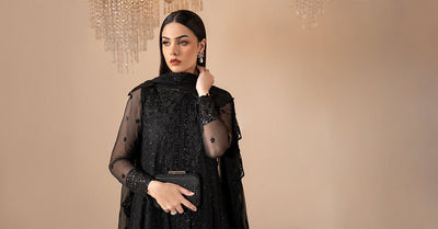 Maria B | RTW | 3 Piece Embroidered Chiffon Suit-Brand:Maria B-Type:Luxury Formals-Black - House of Maryam- Buy in UK, USA