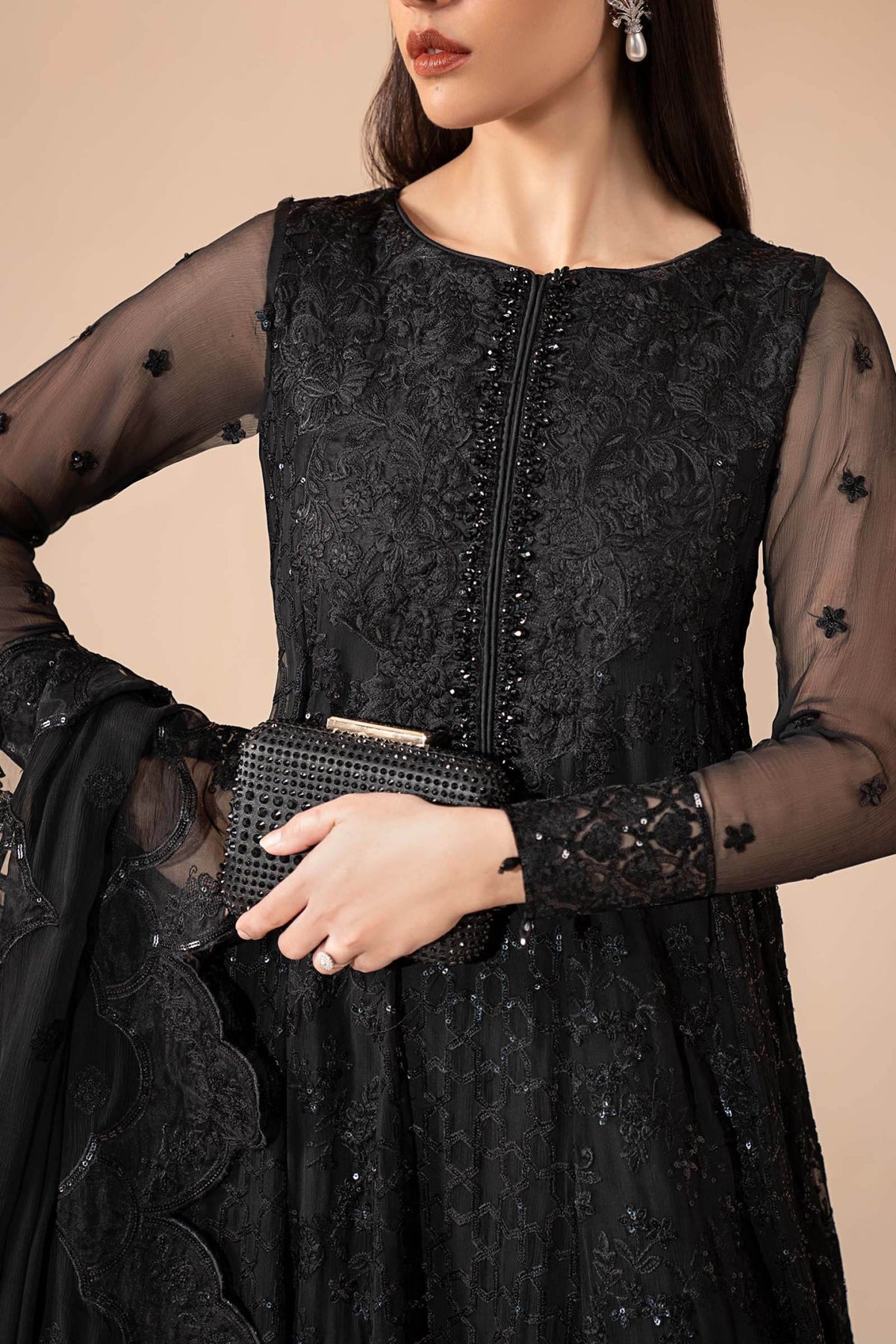 Maria B | RTW | 3 Piece Embroidered Chiffon Suit-Brand:Maria B-Type:Luxury Formals-Black - House of Maryam- Buy in UK, USA