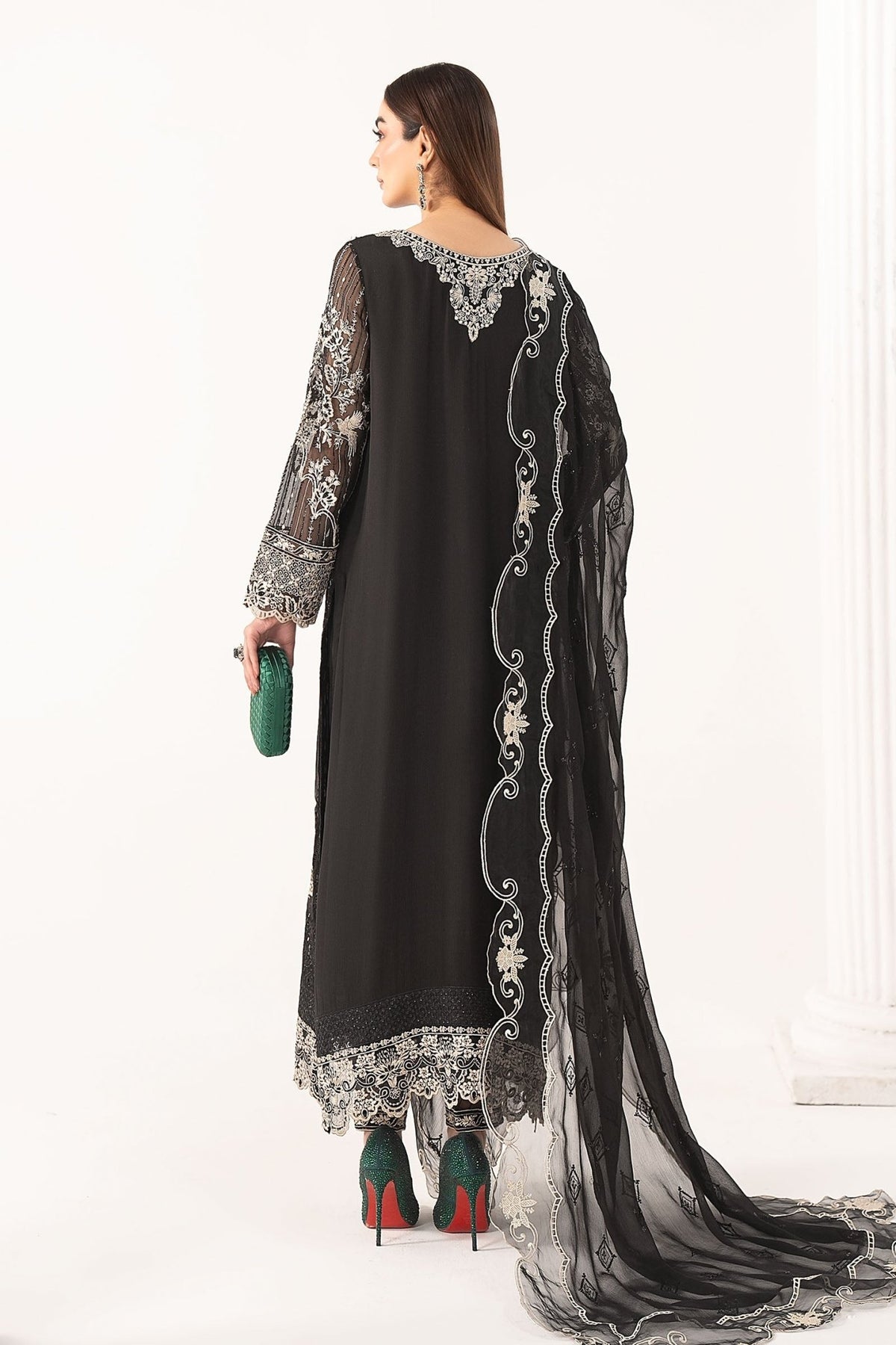 Maria B | RTW | 3 Piece Embroidered Chiffon Suit-Brand:Maria B-Type:Luxury Formals-Black - House of Maryam- Buy in UK, USA