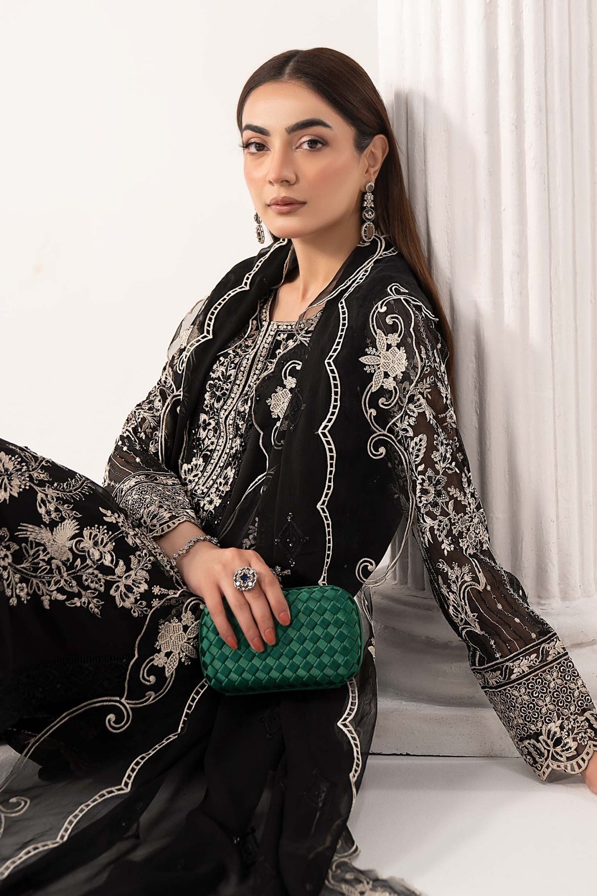 Maria B | RTW | 3 Piece Embroidered Chiffon Suit-Brand:Maria B-Type:Luxury Formals-Black - House of Maryam- Buy in UK, USA