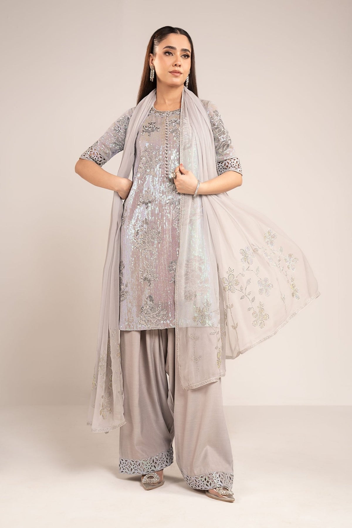 Maria B | RTW | 3 Piece Embroidered Chiffon Suit-Brand:Maria B-Type:Luxury Formals-Blue - House of Maryam- Buy in UK, USA