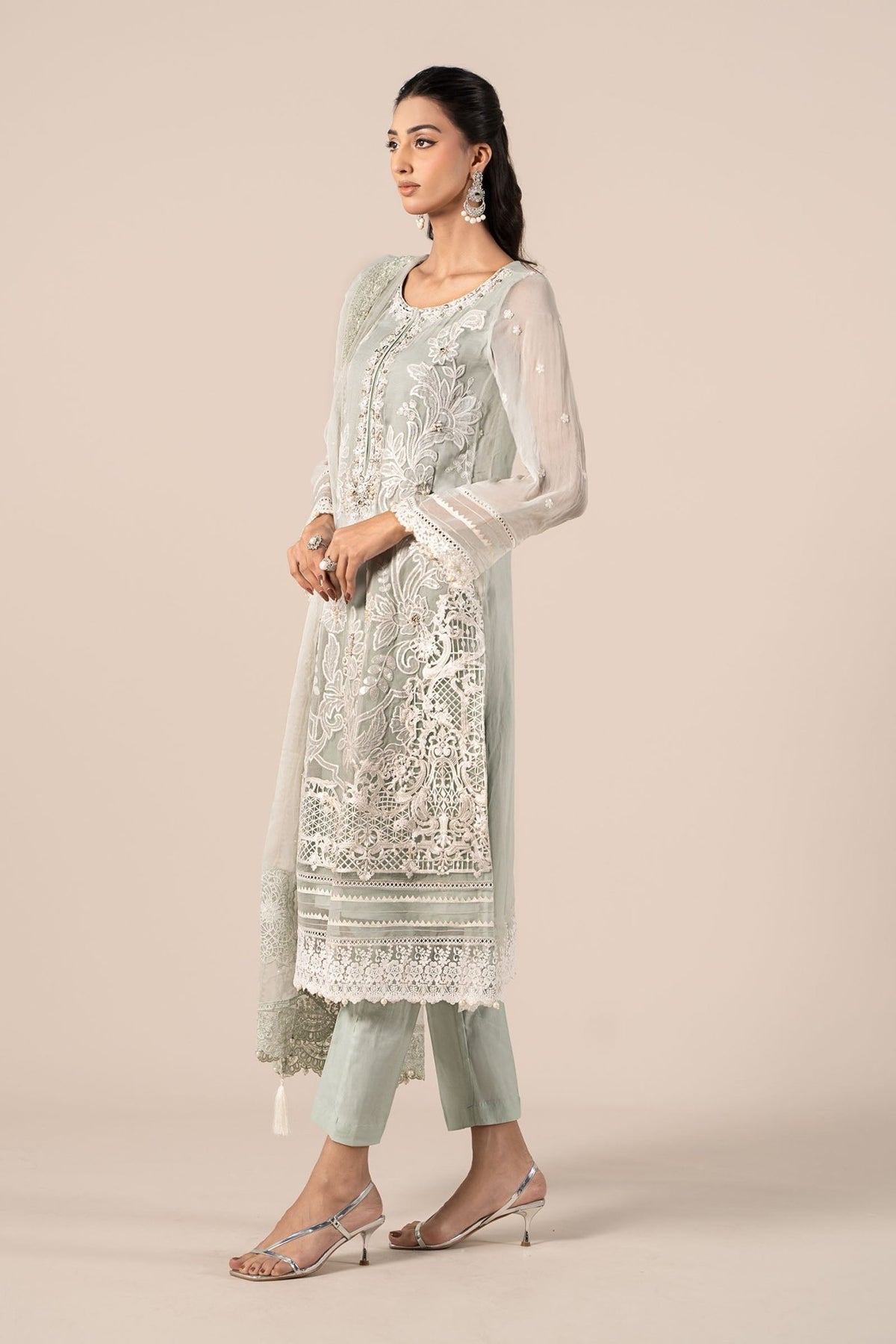 Maria B | RTW | 3 Piece Embroidered Chiffon Suit-Brand:Maria B-Type:Luxury Formals-Blue - House of Maryam- Buy in UK, USA