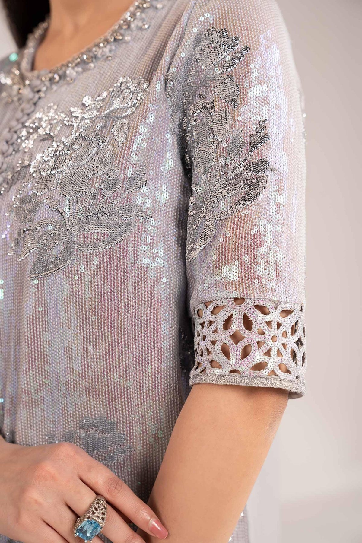 Maria B | RTW | 3 Piece Embroidered Chiffon Suit-Brand:Maria B-Type:Luxury Formals-Blue - House of Maryam- Buy in UK, USA