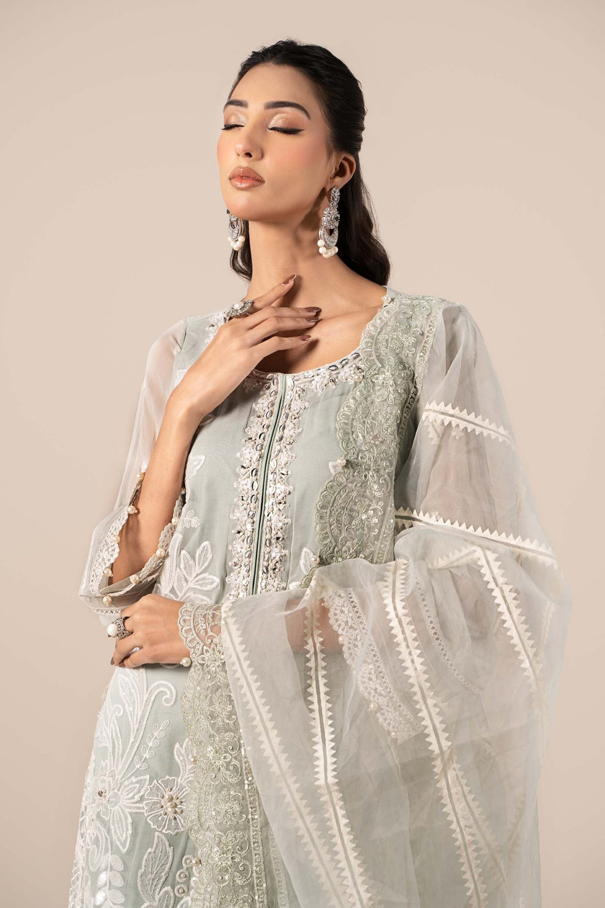 Maria B | RTW | 3 Piece Embroidered Chiffon Suit-Brand:Maria B-Type:Luxury Formals-Blue - House of Maryam- Buy in UK, USA