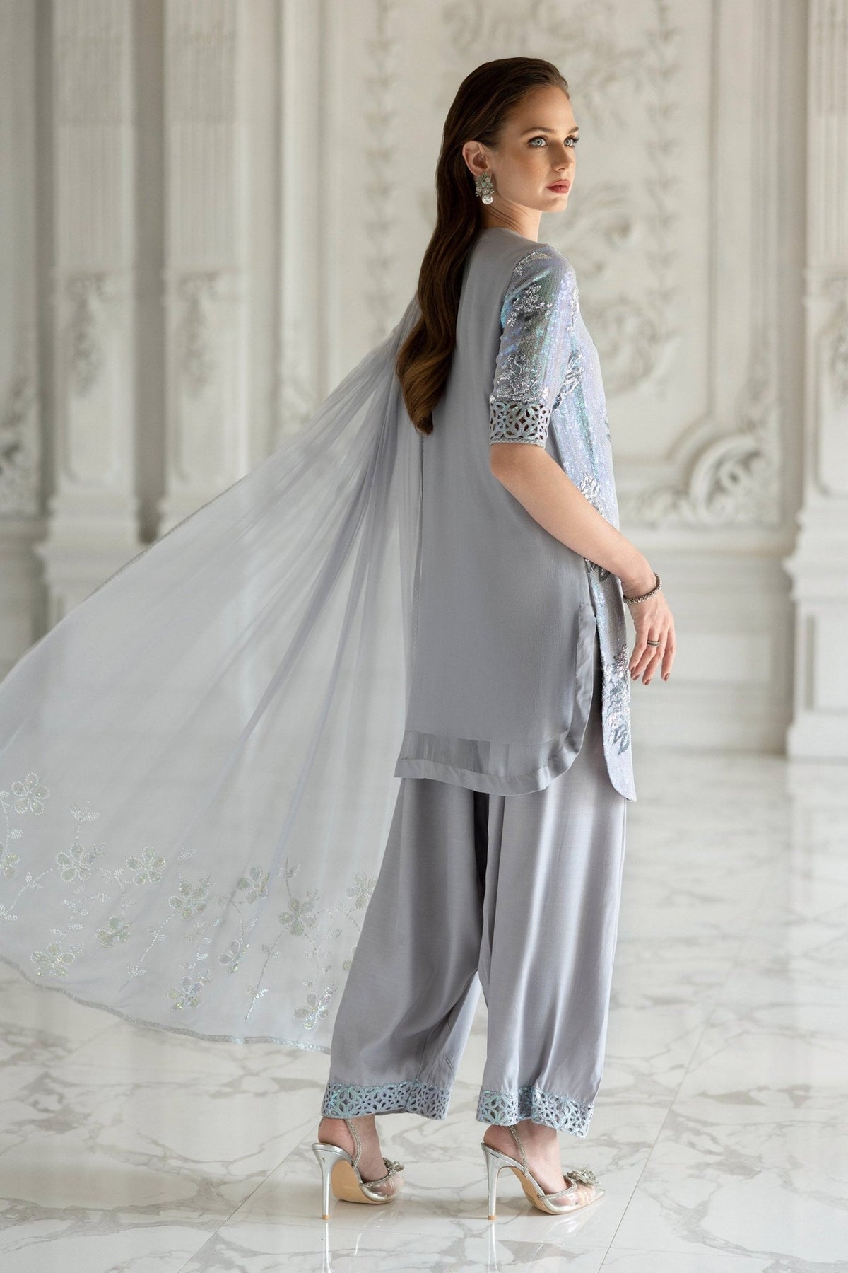 Maria B | RTW | 3 Piece Embroidered Chiffon Suit-Brand:Maria B-Type:Luxury Formals-Blue - House of Maryam- Buy in UK, USA