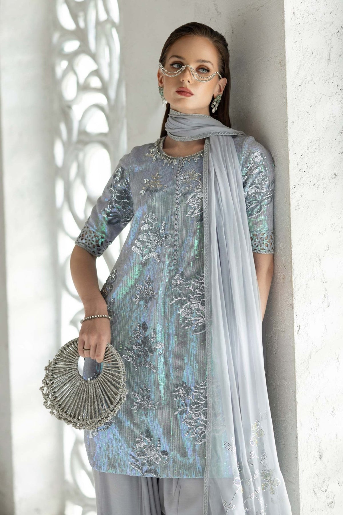 Maria B | RTW | 3 Piece Embroidered Chiffon Suit-Brand:Maria B-Type:Luxury Formals-Blue - House of Maryam- Buy in UK, USA
