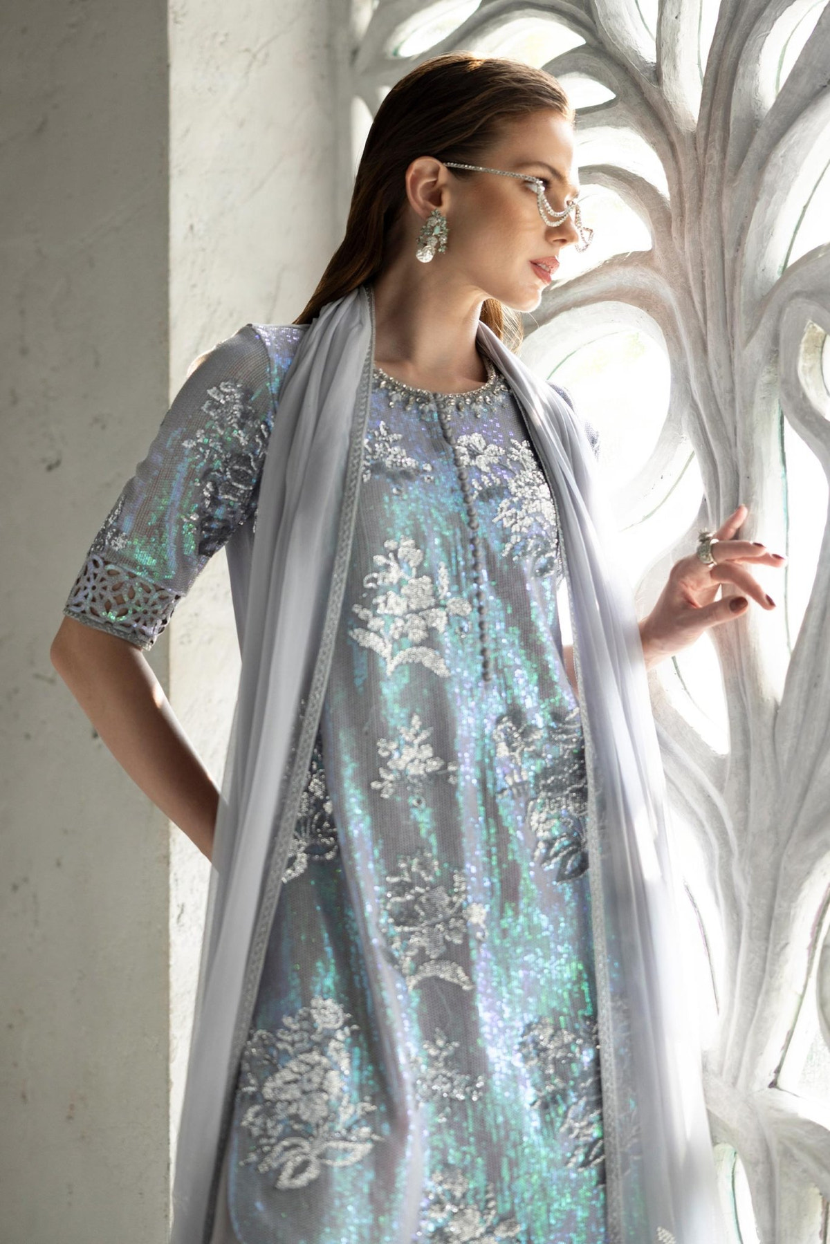 Maria B | RTW | 3 Piece Embroidered Chiffon Suit-Brand:Maria B-Type:Luxury Formals-Blue - House of Maryam- Buy in UK, USA