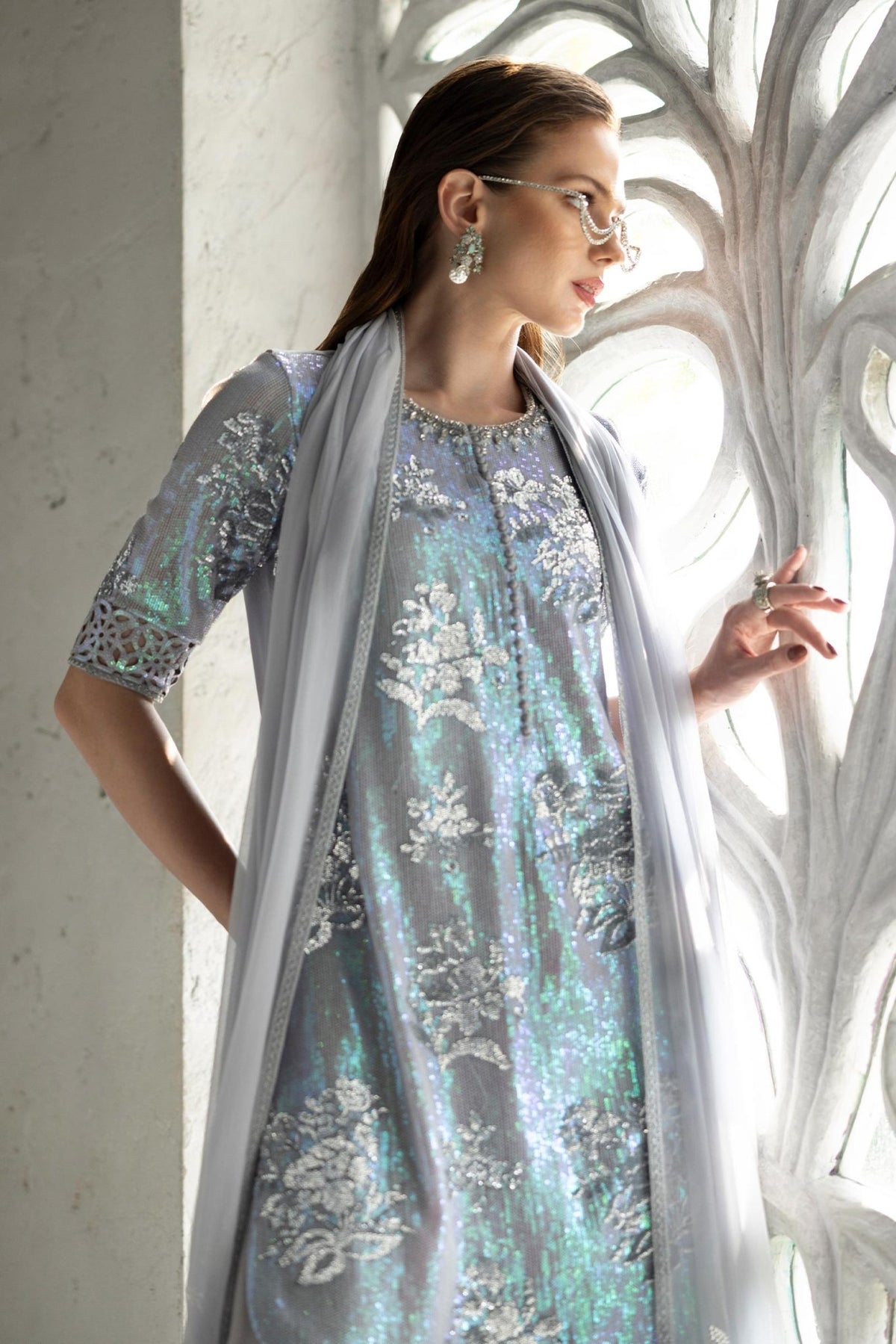 Maria B | RTW | 3 Piece Embroidered Chiffon Suit-Brand:Maria B-Type:Luxury Formals-Blue - House of Maryam- Buy in UK, USA