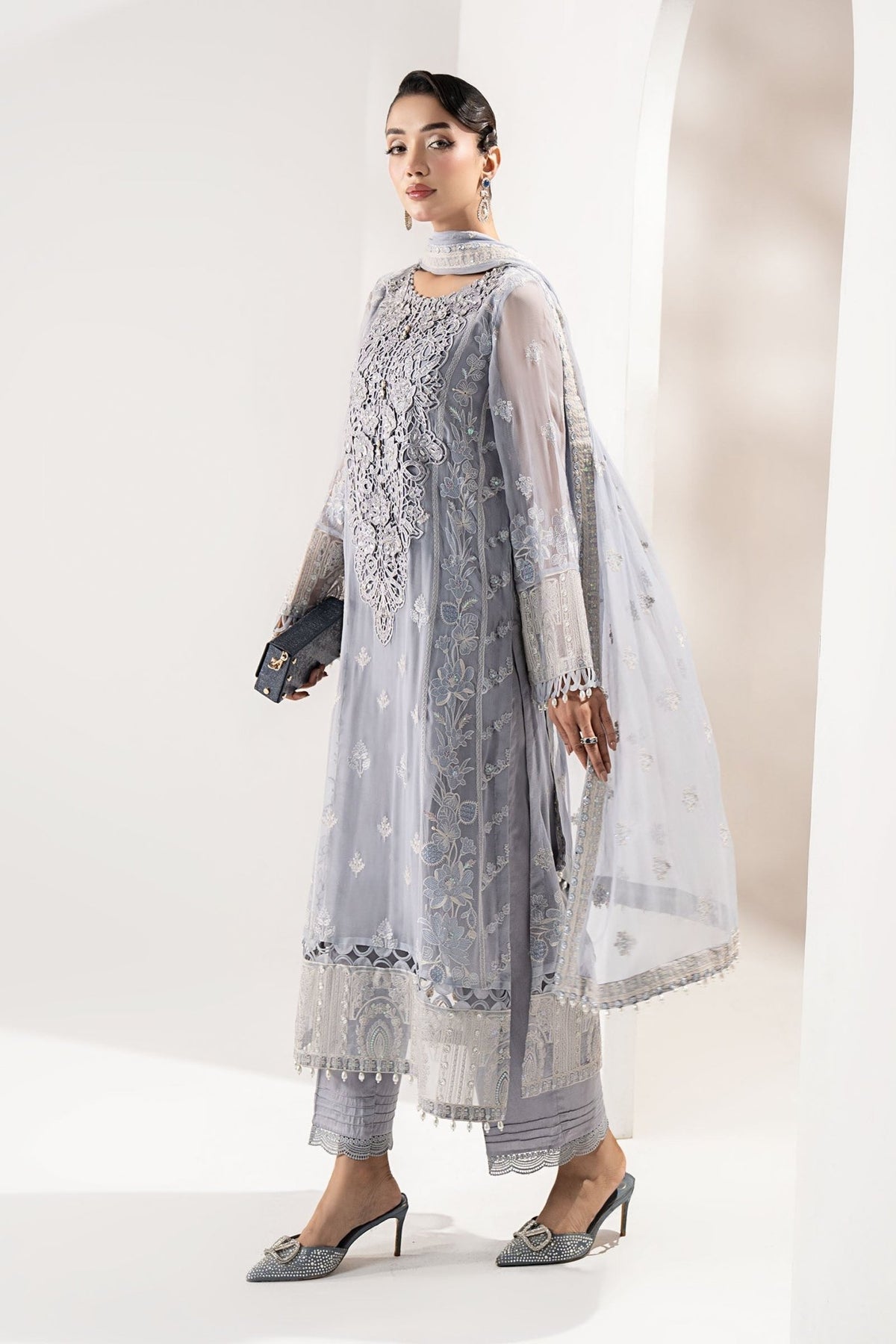 Maria B | RTW | 3 Piece Embroidered Chiffon Suit-Brand:Maria B-Type:Luxury Formals-Blue - House of Maryam- Buy in UK, USA