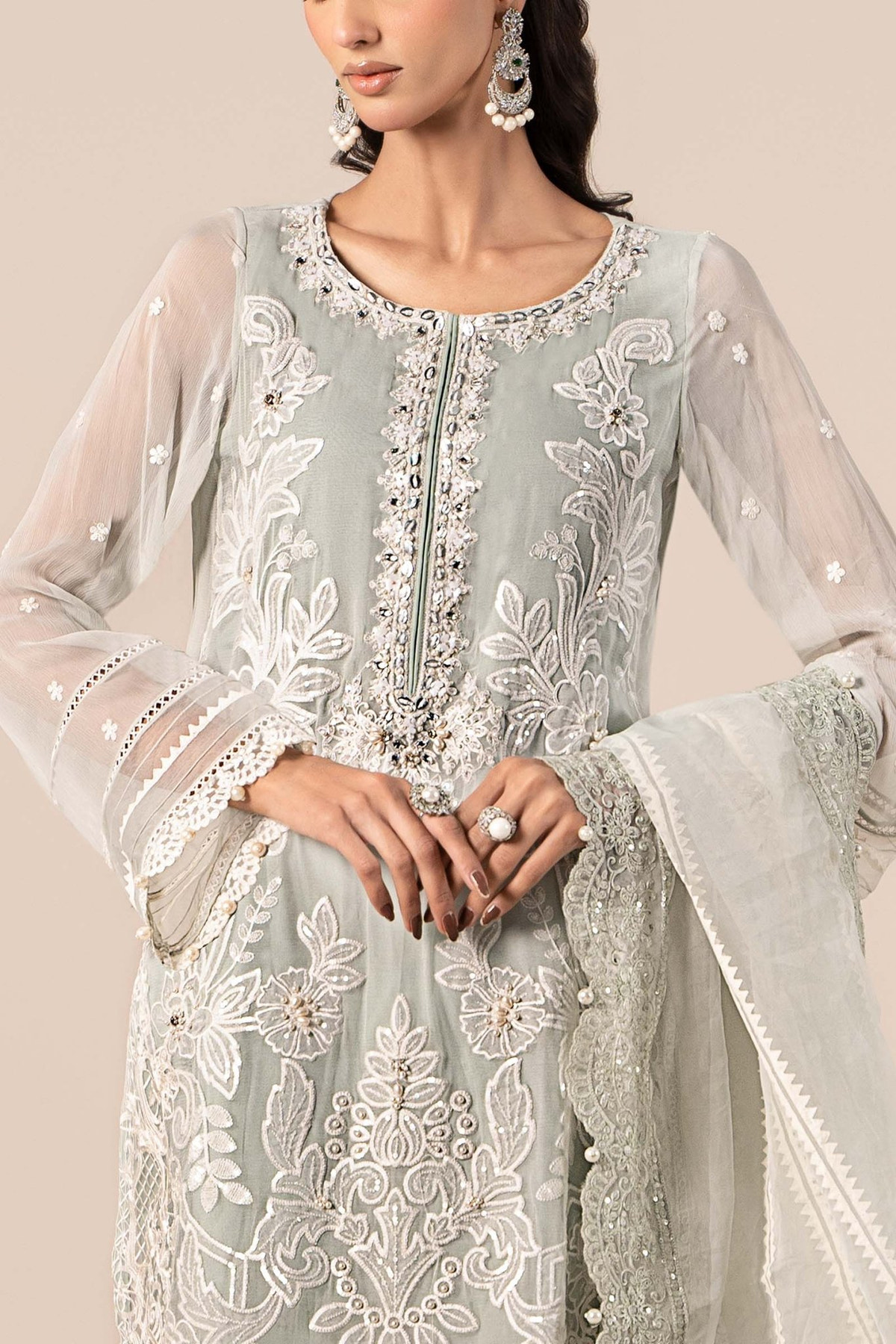 Maria B | RTW | 3 Piece Embroidered Chiffon Suit-Brand:Maria B-Type:Luxury Formals-Blue - House of Maryam- Buy in UK, USA