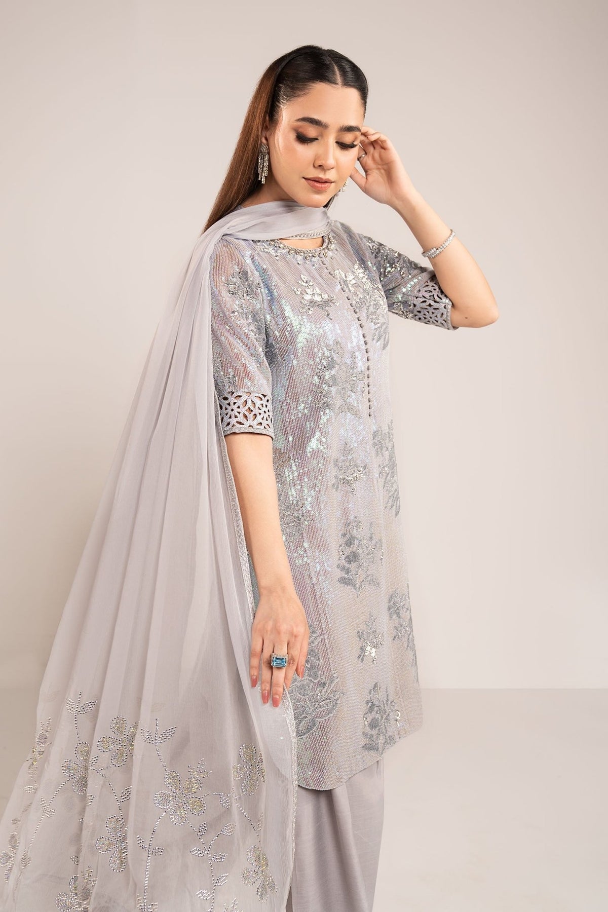 Maria B | RTW | 3 Piece Embroidered Chiffon Suit-Brand:Maria B-Type:Luxury Formals-Blue - House of Maryam- Buy in UK, USA