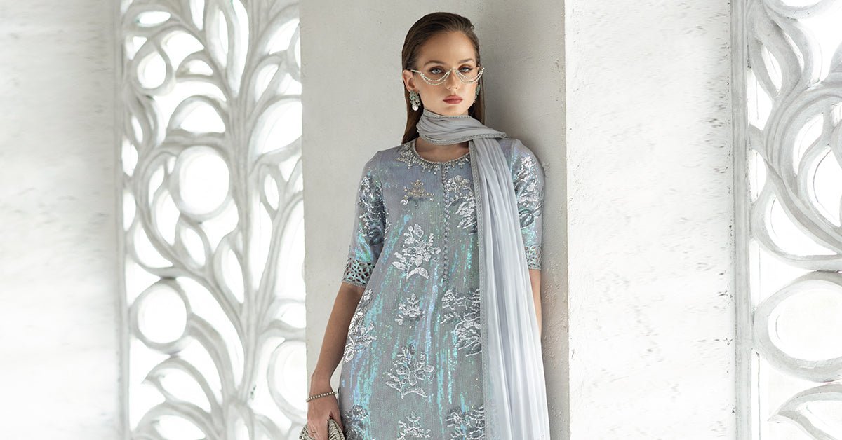 Maria B | RTW | 3 Piece Embroidered Chiffon Suit-Brand:Maria B-Type:Luxury Formals-Blue - House of Maryam- Buy in UK, USA