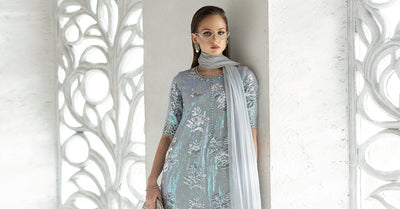 Maria B | RTW | 3 Piece Embroidered Chiffon Suit-Brand:Maria B-Type:Luxury Formals-Blue - House of Maryam- Buy in UK, USA
