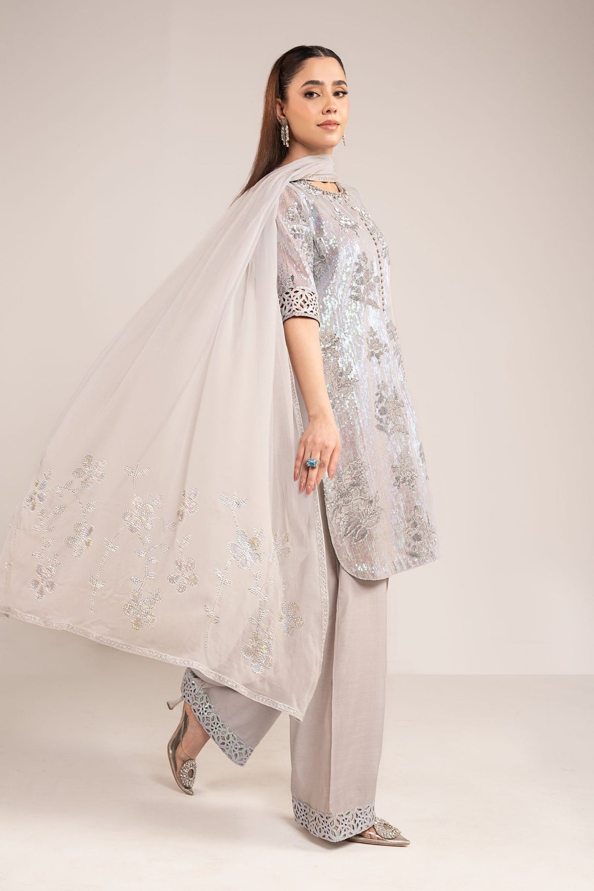 Maria B | RTW | 3 Piece Embroidered Chiffon Suit-Brand:Maria B-Type:Luxury Formals-Blue - House of Maryam- Buy in UK, USA