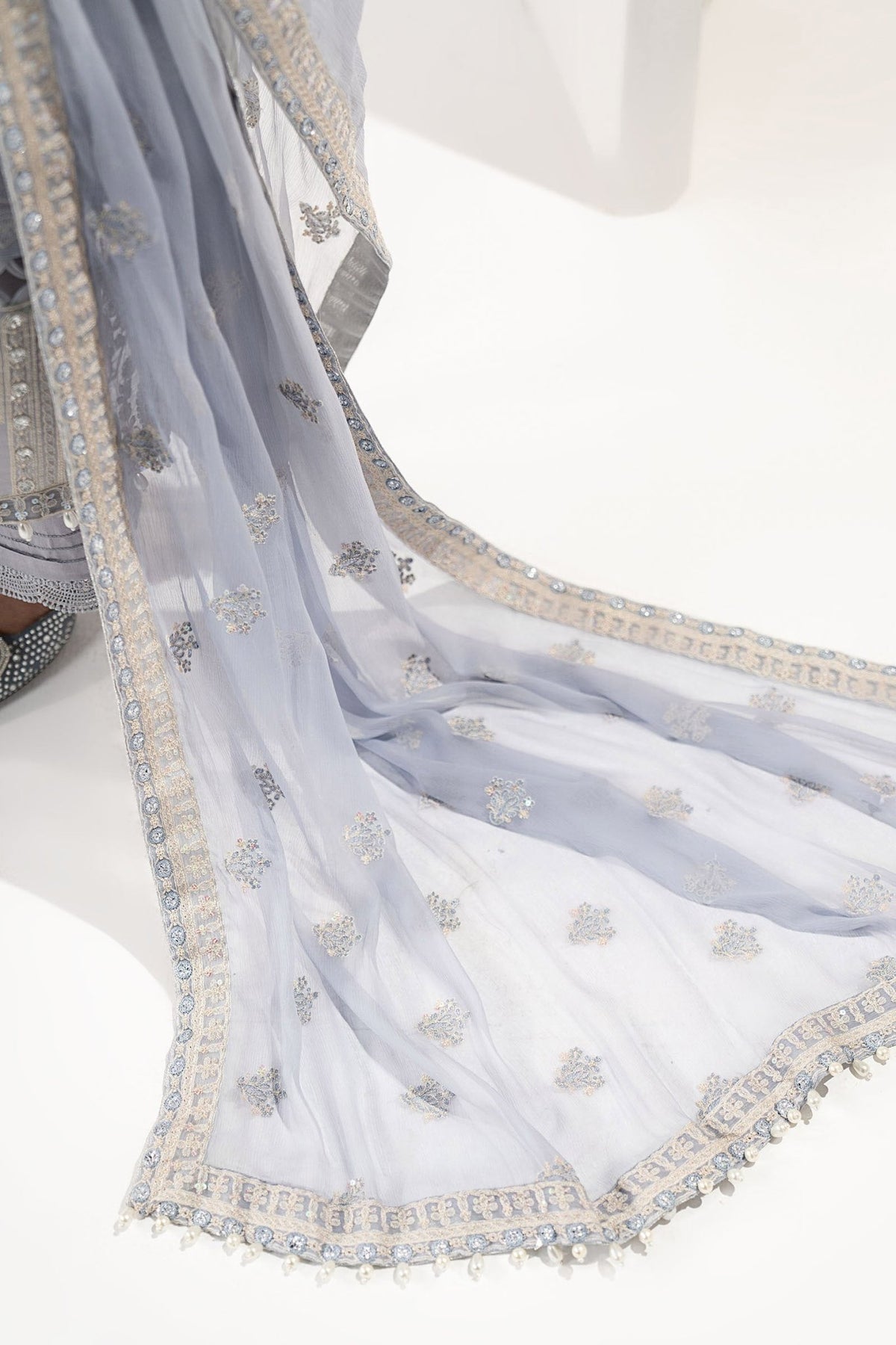 Maria B | RTW | 3 Piece Embroidered Chiffon Suit-Brand:Maria B-Type:Luxury Formals-Blue - House of Maryam- Buy in UK, USA