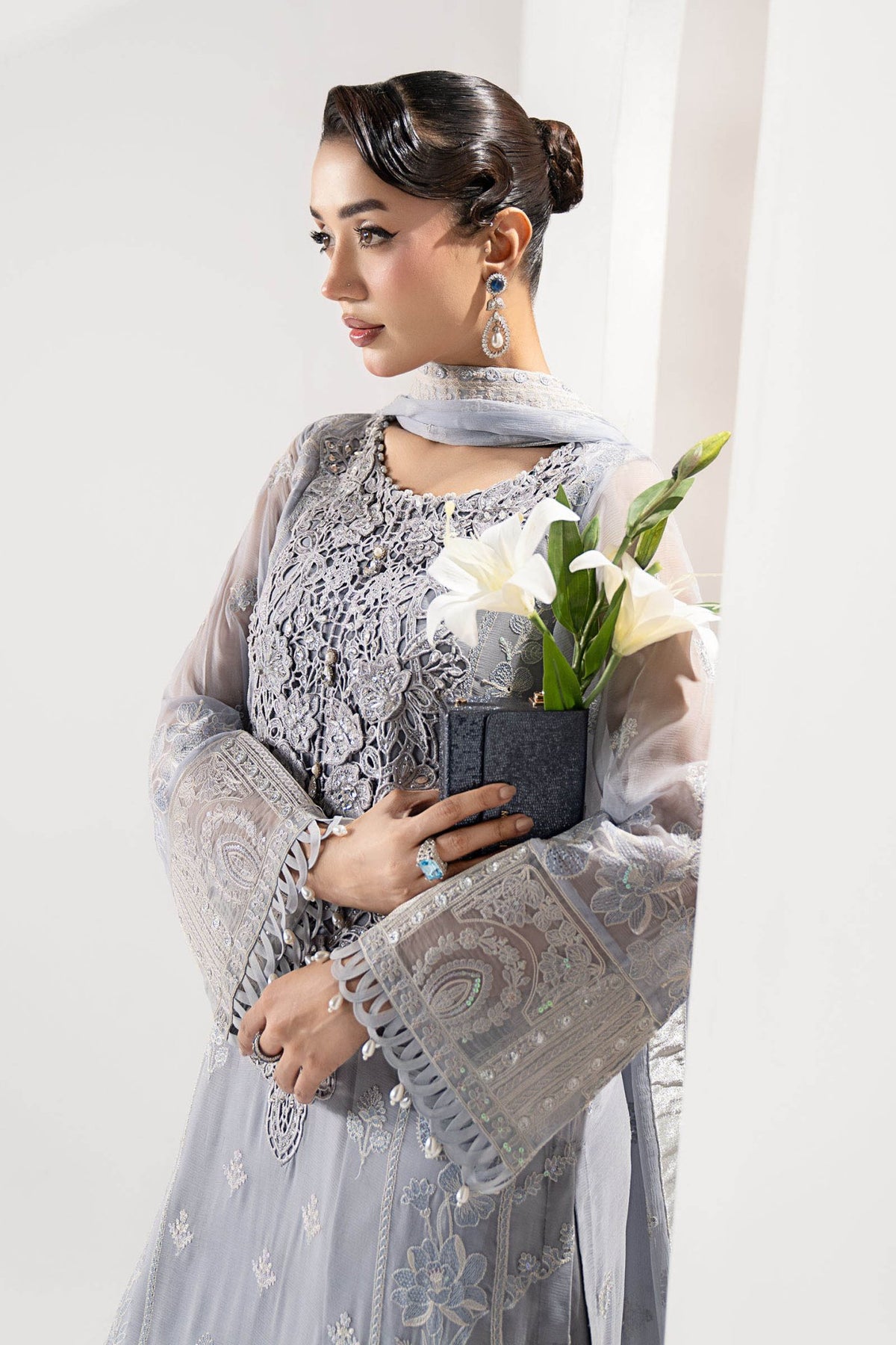 Maria B | RTW | 3 Piece Embroidered Chiffon Suit-Brand:Maria B-Type:Luxury Formals-Blue - House of Maryam- Buy in UK, USA