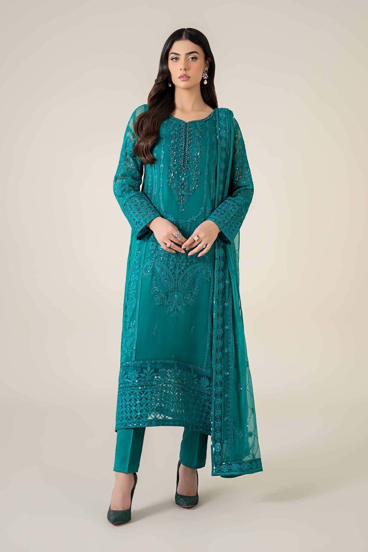 Maria B | RTW | 3 Piece Embroidered Chiffon Suit-Brand:Maria B-Type:Luxury Formals-Blue - House of Maryam- Buy in UK, USA