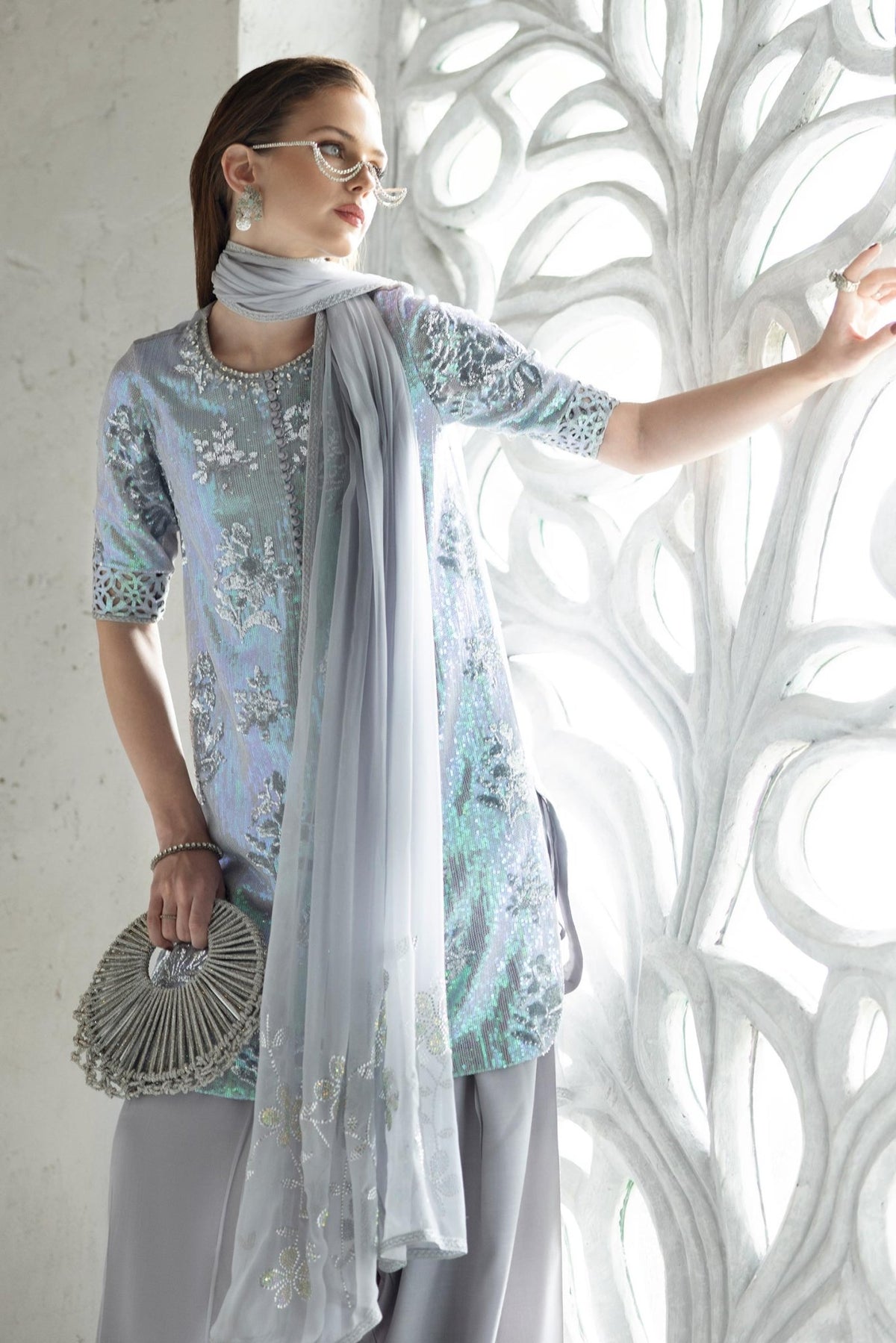 Maria B | RTW | 3 Piece Embroidered Chiffon Suit-Brand:Maria B-Type:Luxury Formals-Blue - House of Maryam- Buy in UK, USA