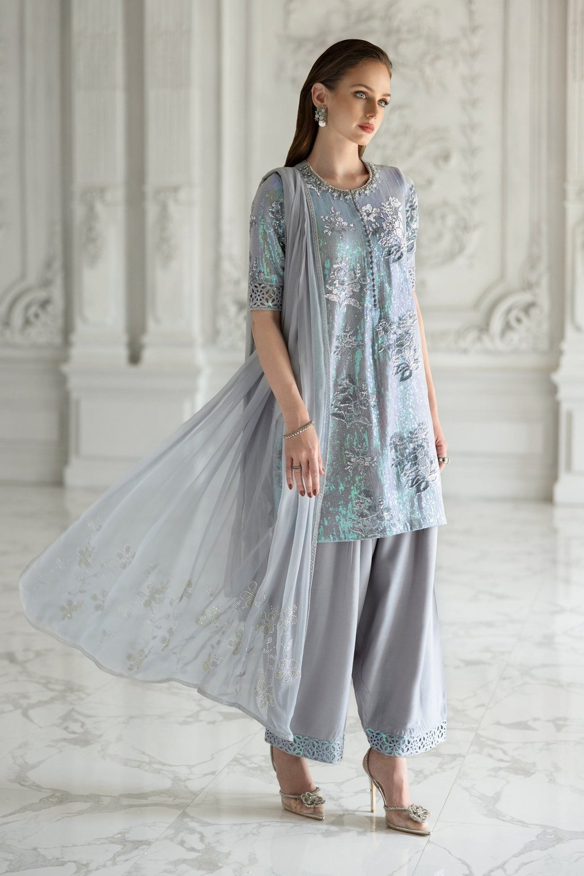 Maria B | RTW | 3 Piece Embroidered Chiffon Suit-Brand:Maria B-Type:Luxury Formals-Blue - House of Maryam- Buy in UK, USA