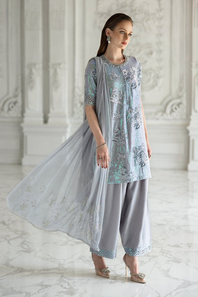 Maria B | RTW | 3 Piece Embroidered Chiffon Suit-Brand:Maria B-Type:Luxury Formals-Blue - House of Maryam- Buy in UK, USA