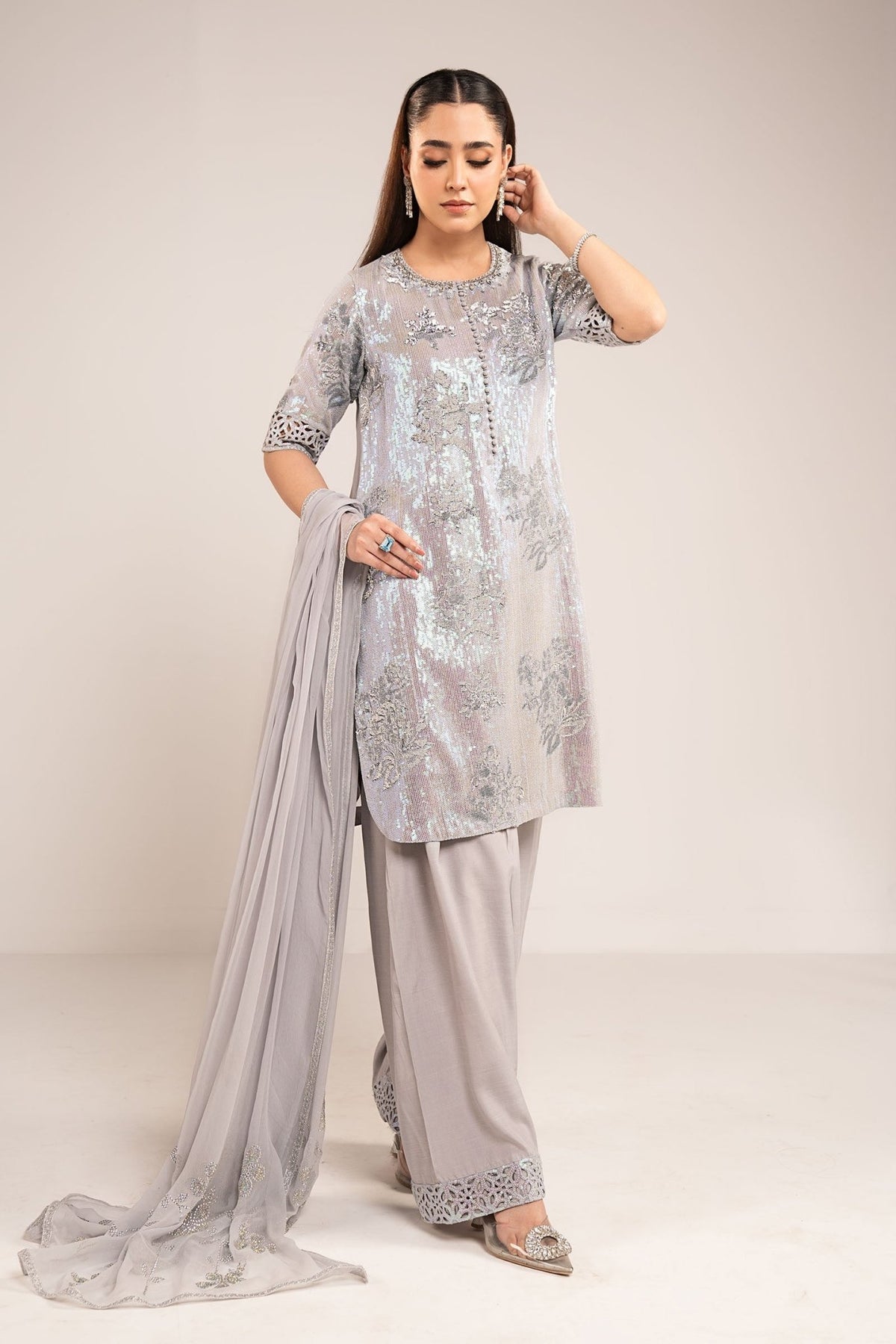 Maria B | RTW | 3 Piece Embroidered Chiffon Suit-Brand:Maria B-Type:Luxury Formals-Blue - House of Maryam- Buy in UK, USA