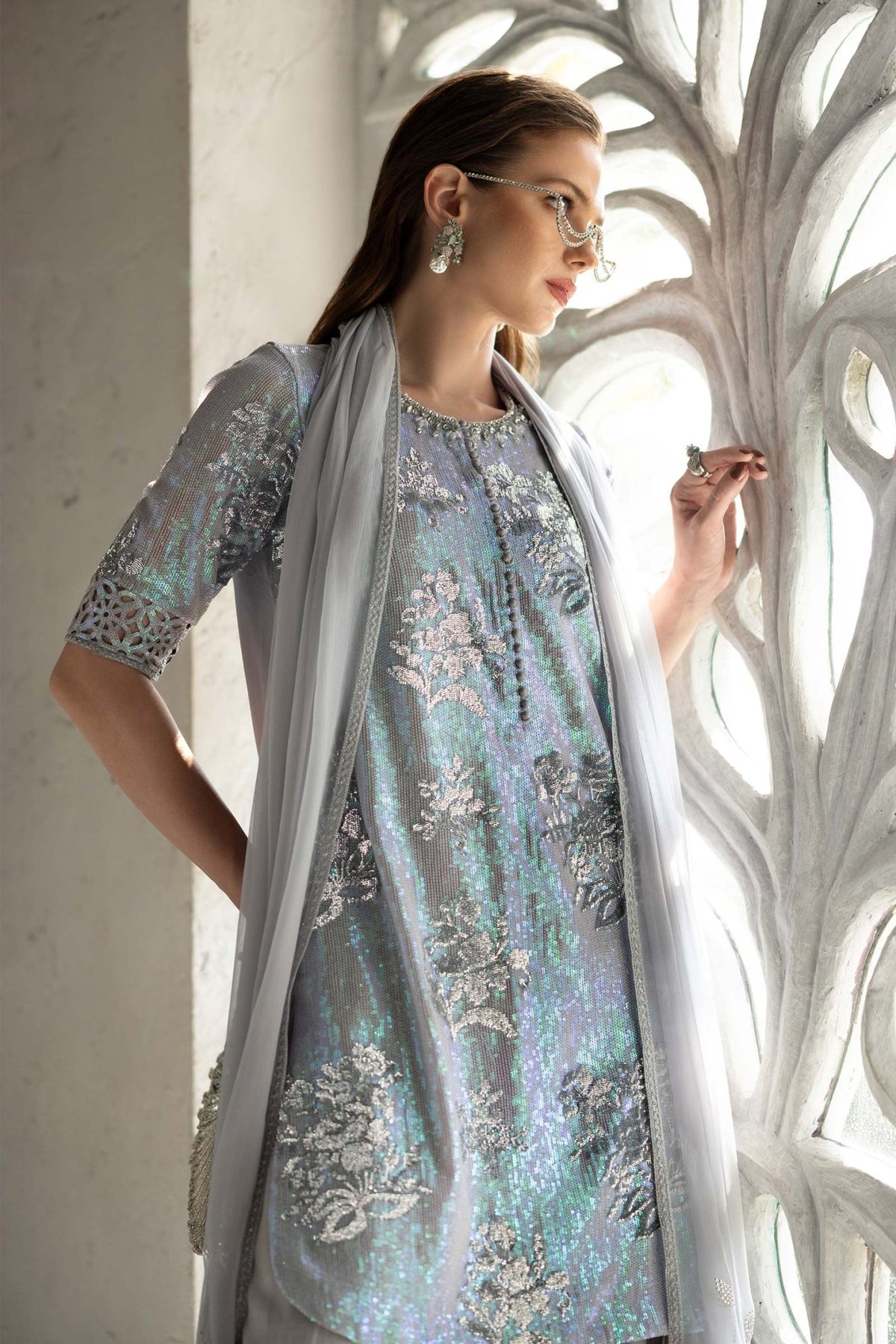 Maria B | RTW | 3 Piece Embroidered Chiffon Suit-Brand:Maria B-Type:Luxury Formals-Blue - House of Maryam- Buy in UK, USA