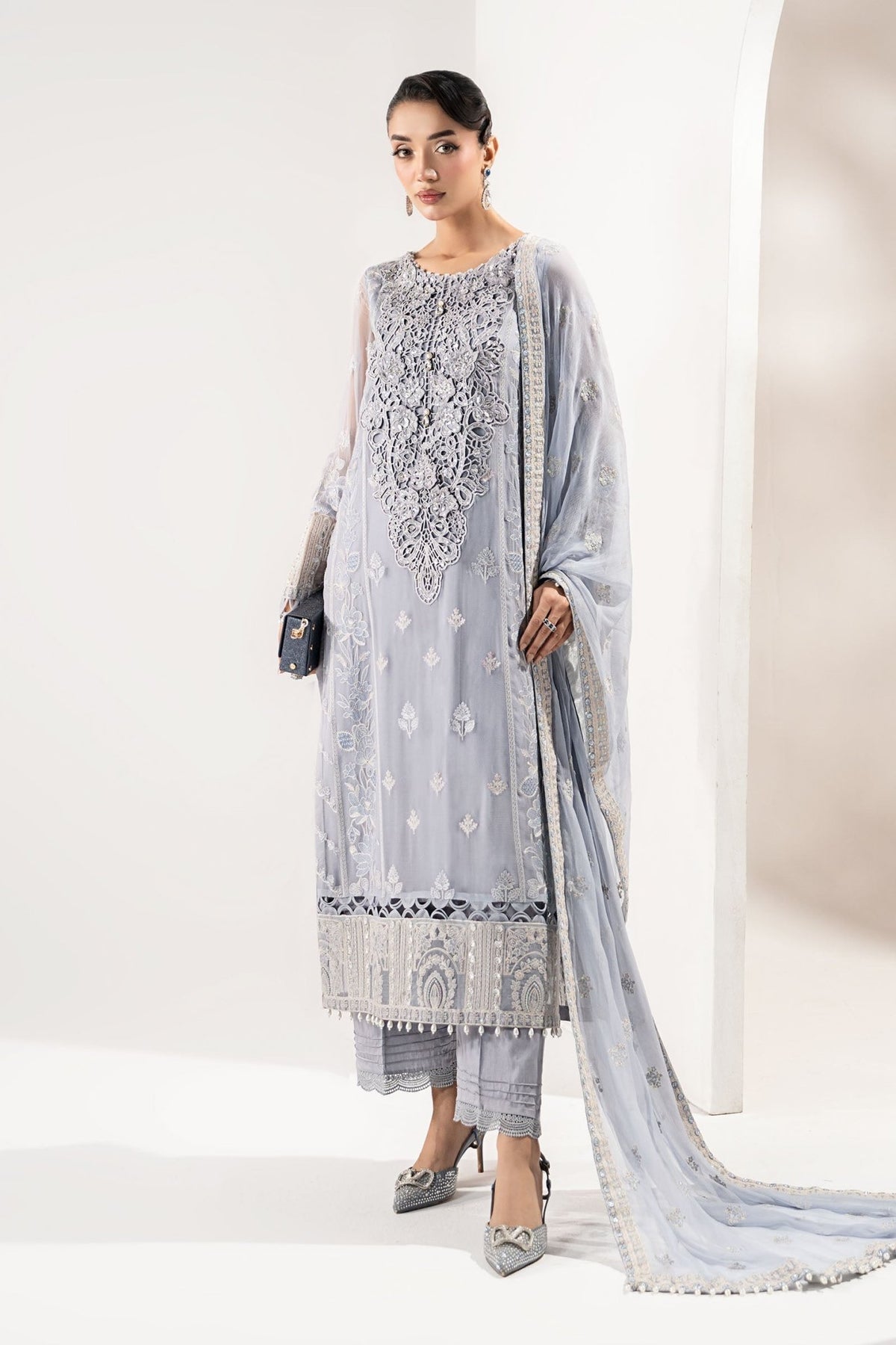 Maria B | RTW | 3 Piece Embroidered Chiffon Suit-Brand:Maria B-Type:Luxury Formals-Blue - House of Maryam- Buy in UK, USA