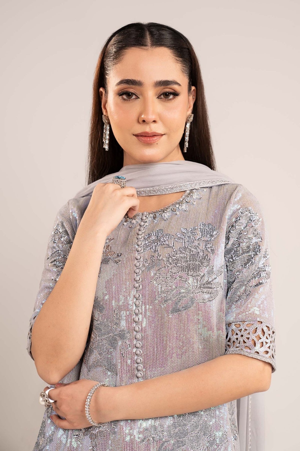 Maria B | RTW | 3 Piece Embroidered Chiffon Suit-Brand:Maria B-Type:Luxury Formals-Blue - House of Maryam- Buy in UK, USA