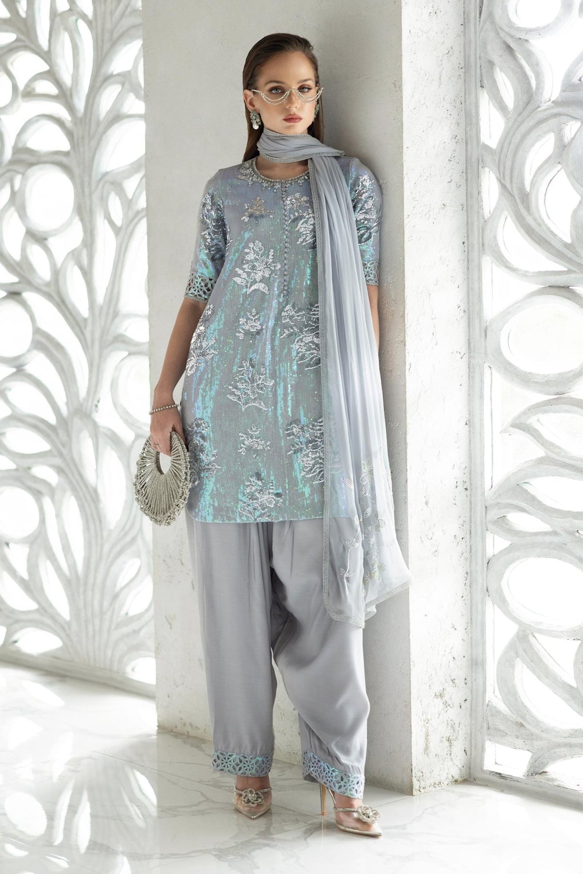 Maria B | RTW | 3 Piece Embroidered Chiffon Suit-Brand:Maria B-Type:Luxury Formals-Blue - House of Maryam- Buy in UK, USA